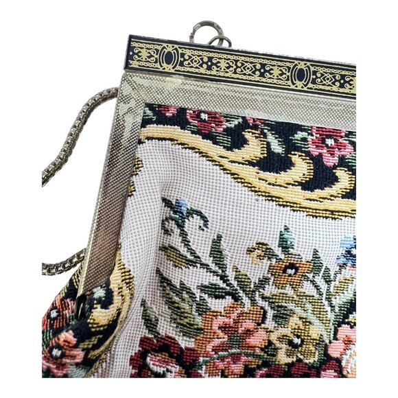 Floral Petit Point Tapestry Evening Clutch Bag Chain Handle Kiss Lock Vintage - Picture 4 of 9